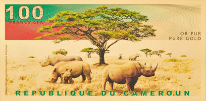 Republic of Cameroon 100 Francs CFA Black Rhinoceros Aurum® 24k Gold Bill